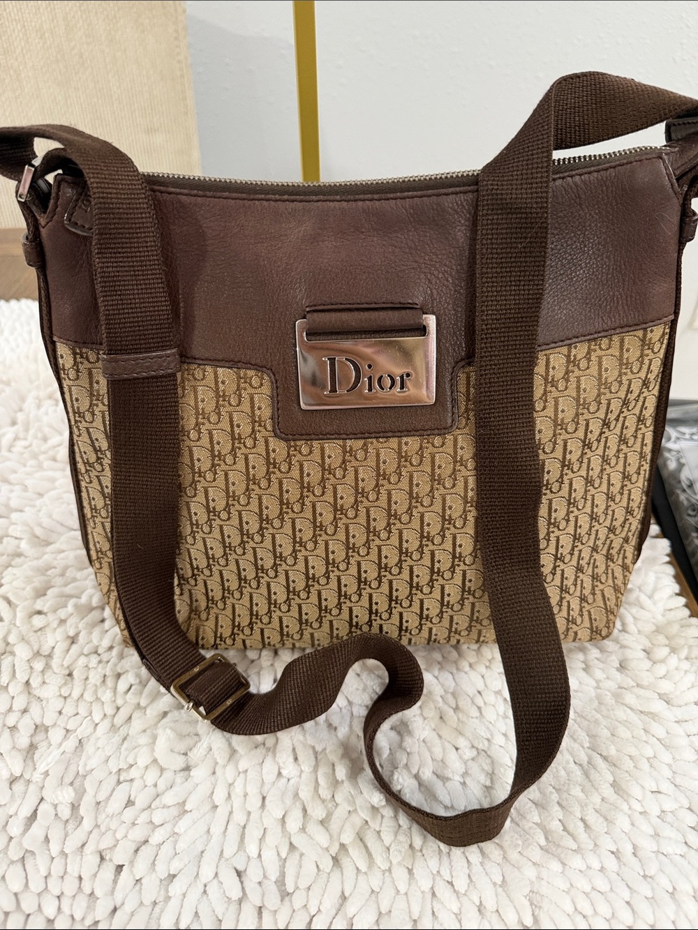 Dior Brown Leather & Beige Monogram Crossbody Bag